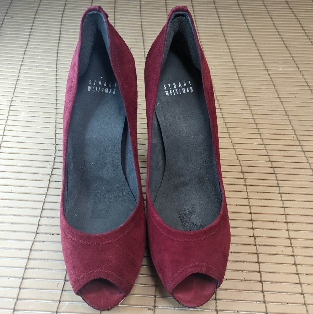 Stuart Weitzman Red Suede Peep Open Toe 5" Heels … - image 2